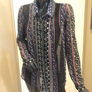 Free People Shear Button up Blouse w/drawstring belt and front pleats